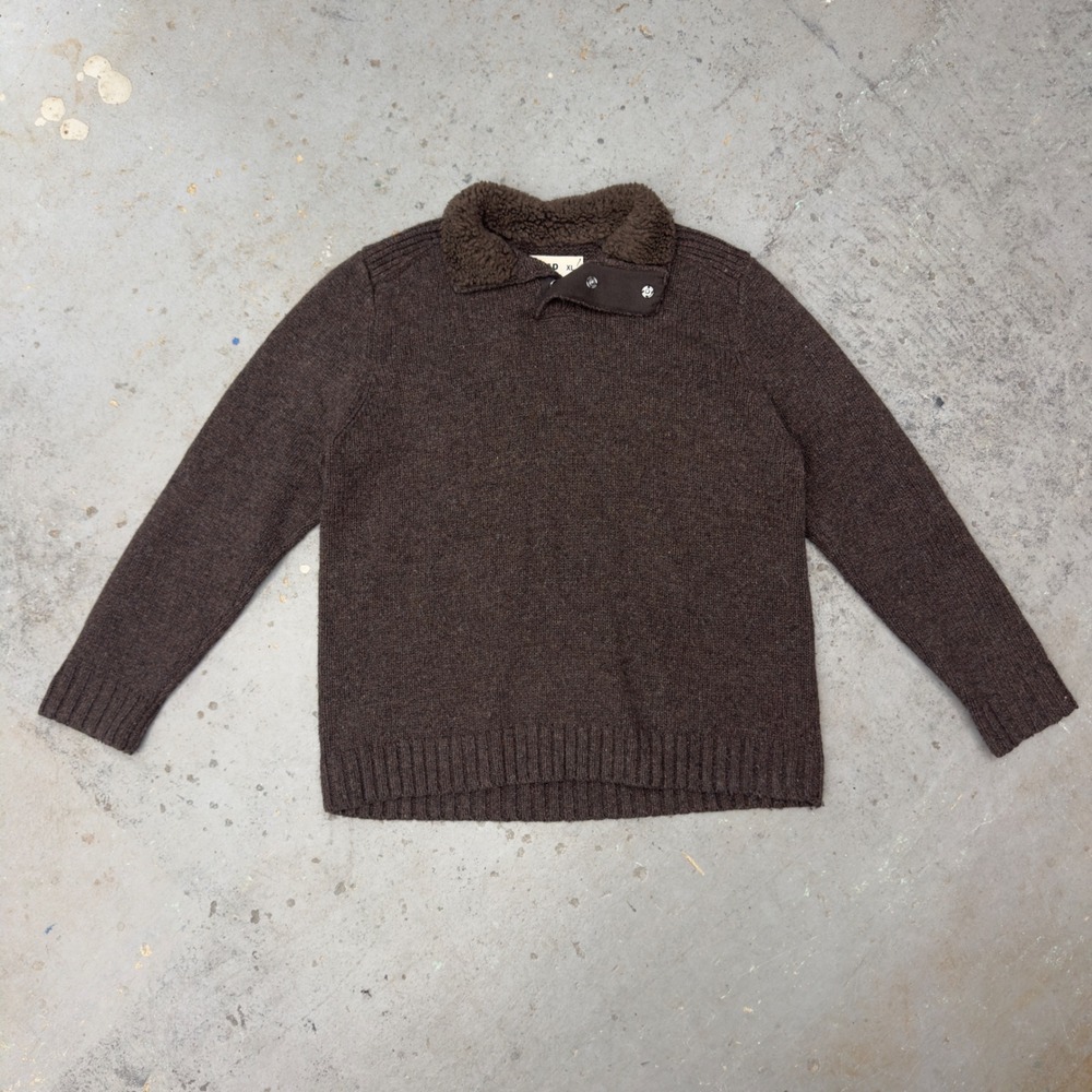 GAP Y2K Mens Brown Wool Blend Snap Neck Pullover Sweater Faux Shearling XL
